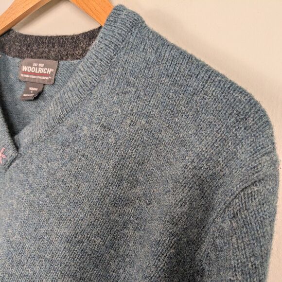 Woolrich Sweater Wool Pullover Vneck Teal Blue Gray Floral Embroidered Outdoor L - Picture 11 of 11